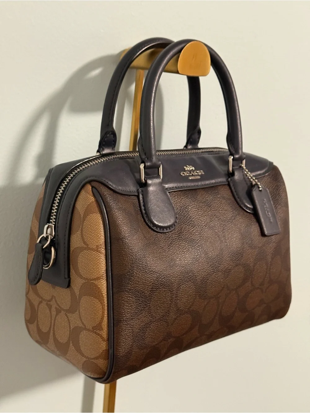COACH Signature Canvas Satchel in two shades of brown and Navy Leather Trim! 🤩
